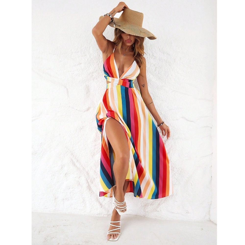 Striped Multicolor Backless Strappy V-Neck Maxi Dress Leg Slit - Picture 5 of 16